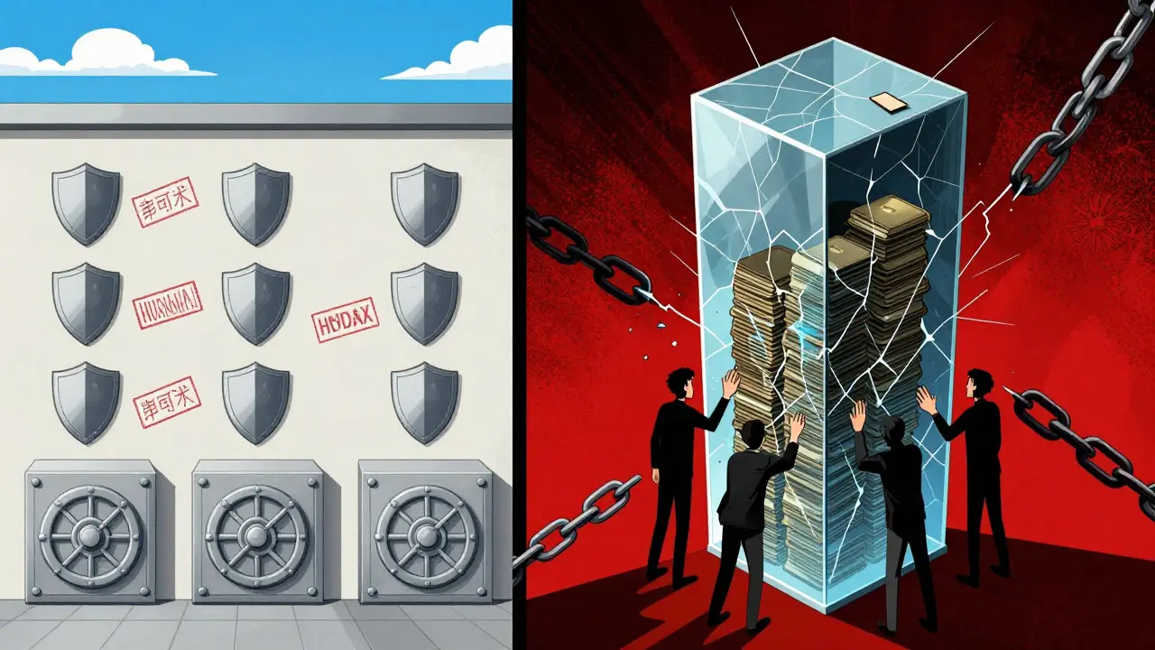 Two contrasting worlds: regulated exchange with shields vs. Hydax as a cracked glass tower with no guards or insurance.