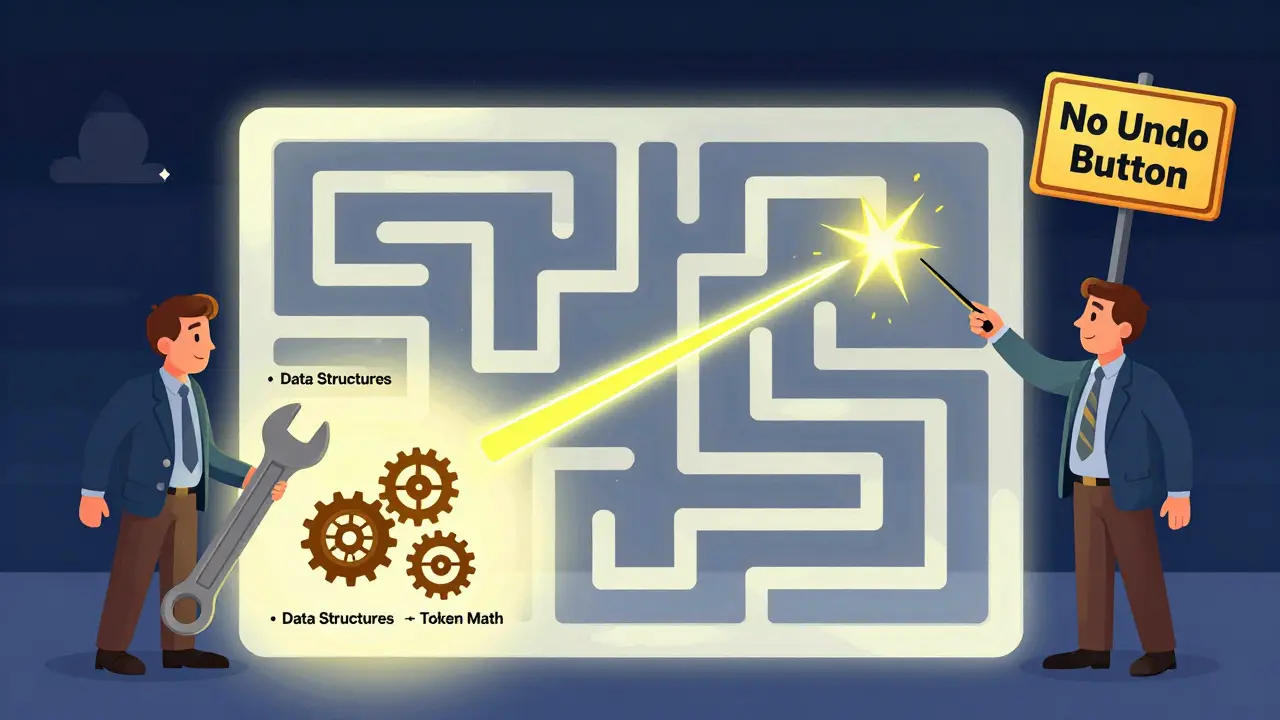 Two reviewers inspect a smart contract using bottom-up and top-down methods, with glowing execution paths and warning sparks.