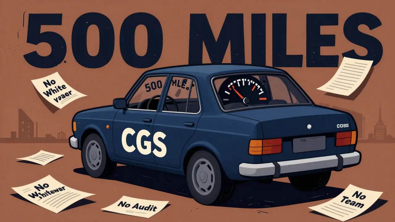 A car with no fuel tank labeled CGS, dashboard screaming false mileage, surrounded by warning notes in Polish poster aesthetic.
