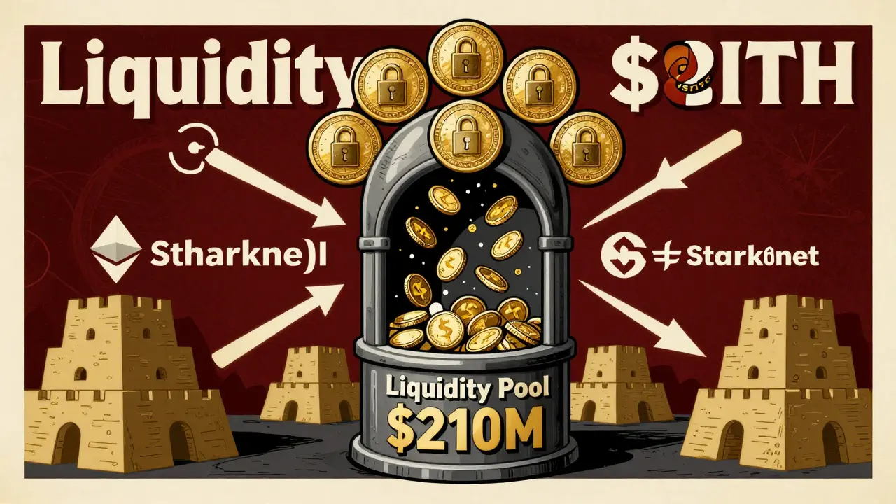 A central liquidity vault with USDC-USDT coins, surrounded by locked SITH tokens forming a halo, framed by stylized blockchain icons.