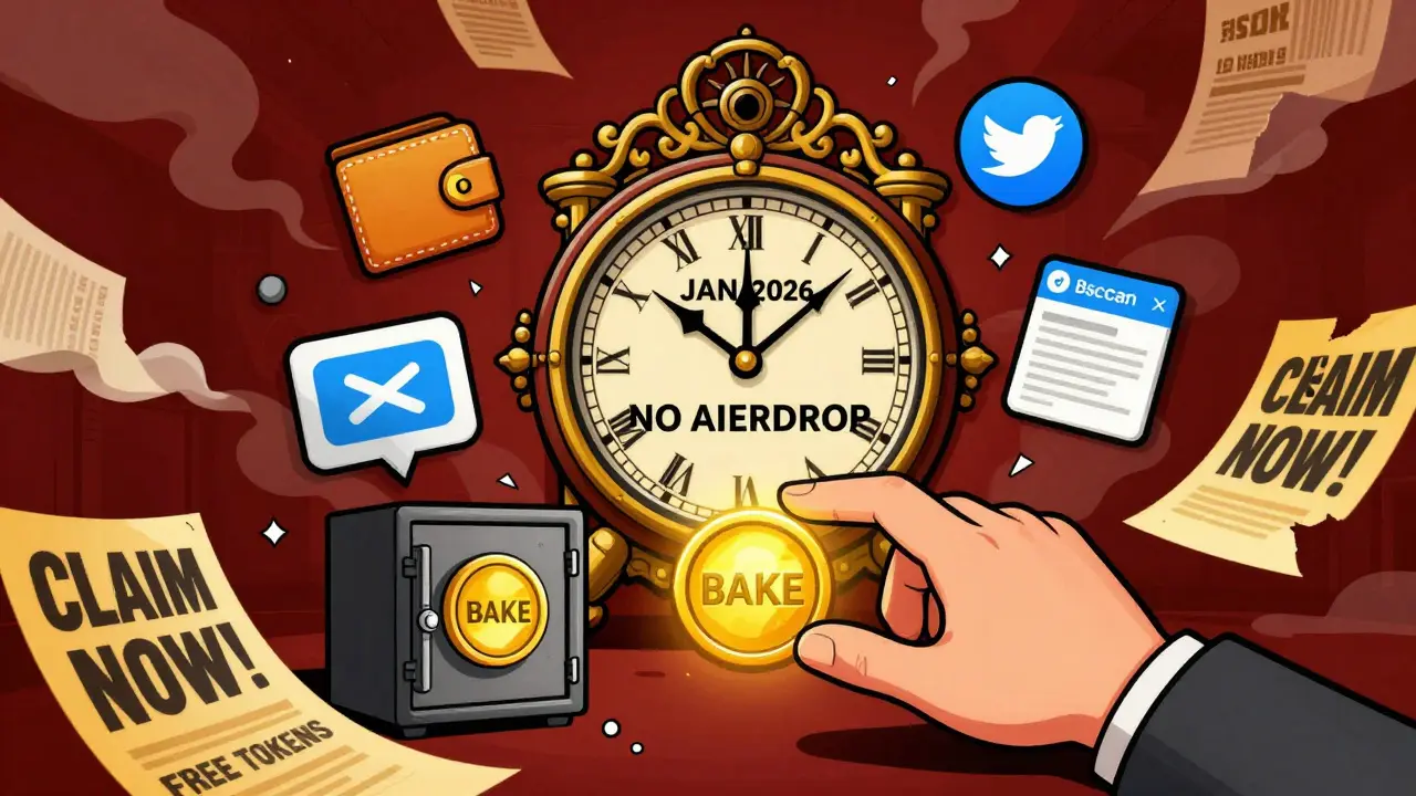 A clock reads 'NO AIRDROP' as real BAKE verification icons glow, while phishing posters crumble.