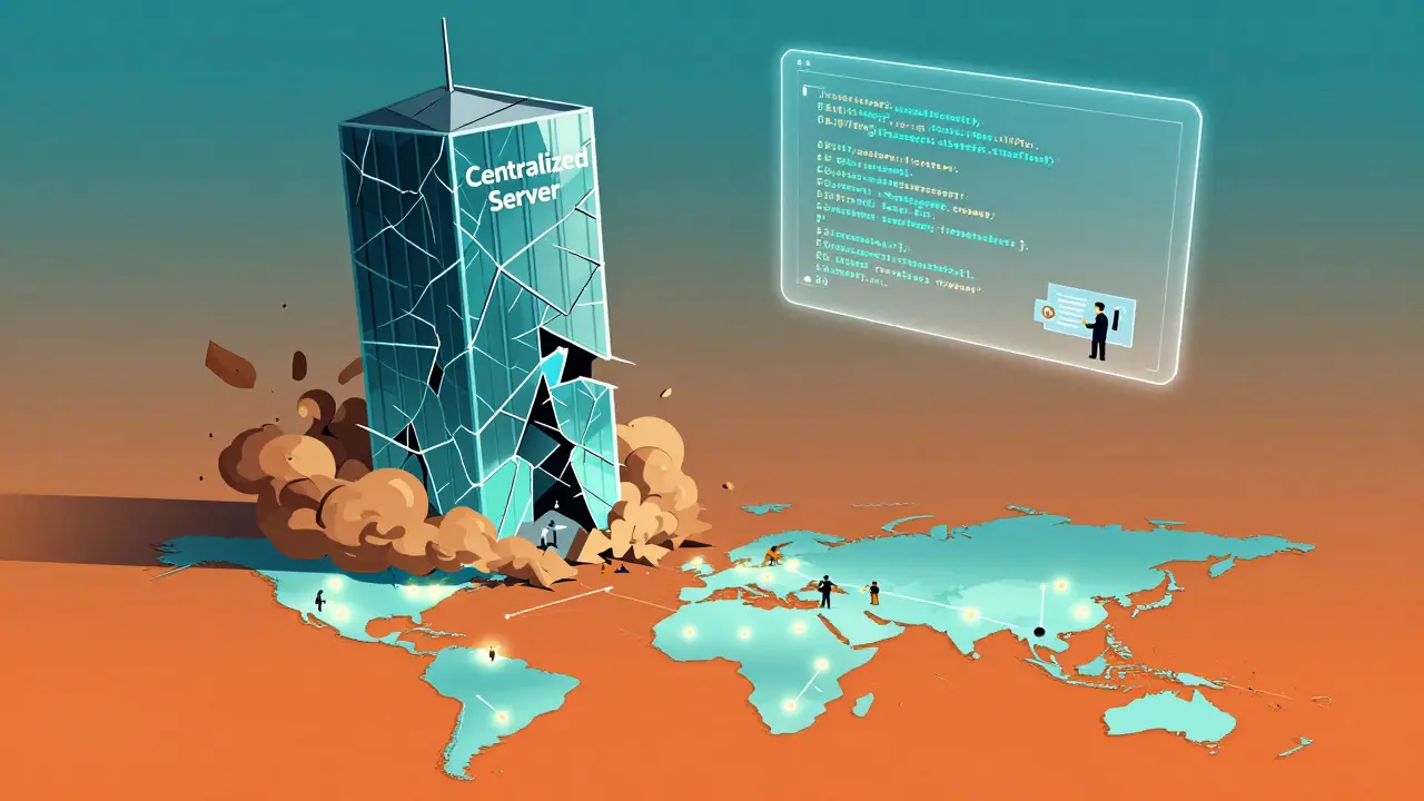 A collapsing centralized server tower replaced by glowing global nodes, symbolizing decentralized resilience.