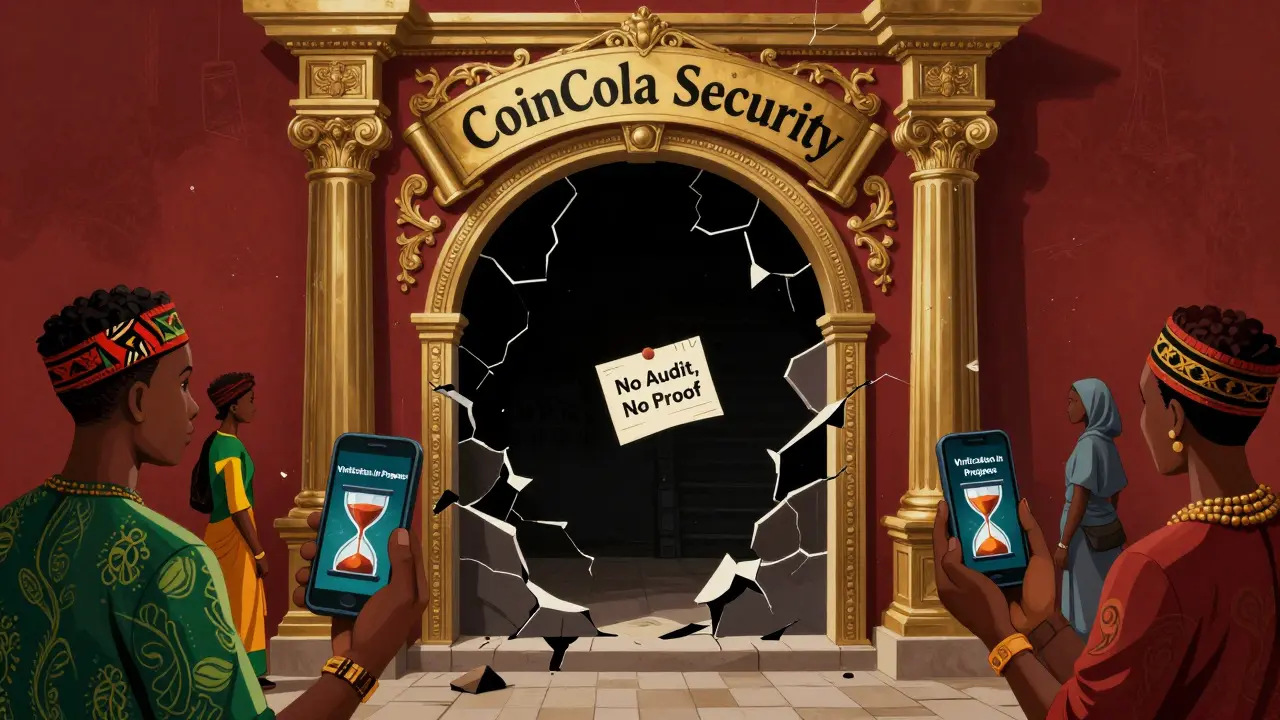 A cracked vault labeled 'CoinCola Security' reveals emptiness while users worldwide face endless verification delays.