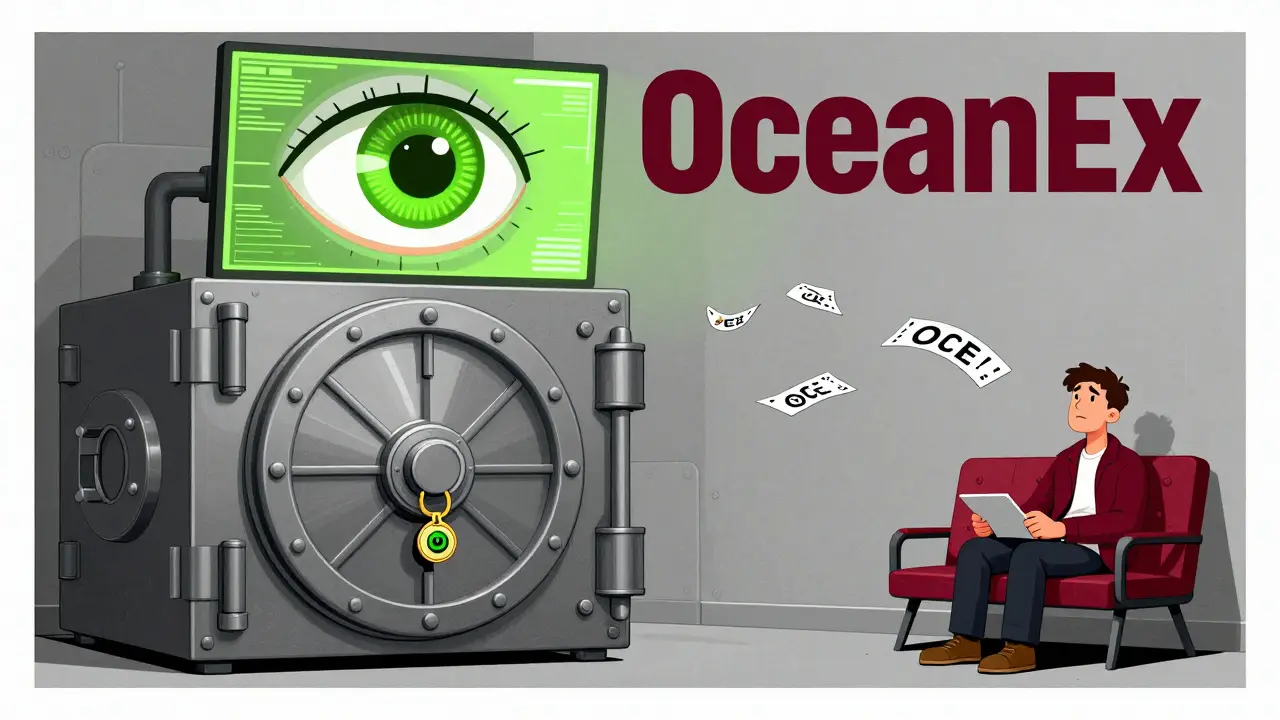 A crypto vault with an OCE token key, AI surveillance, and slow-moving withdrawal slips.