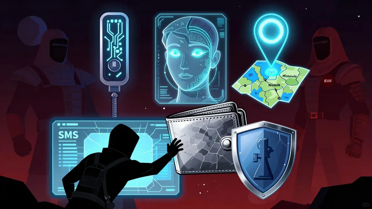 A crypto wallet guarded by a hardware key, biometric iris, and location beacon, repelling a hacker reaching through a cracked SMS screen.