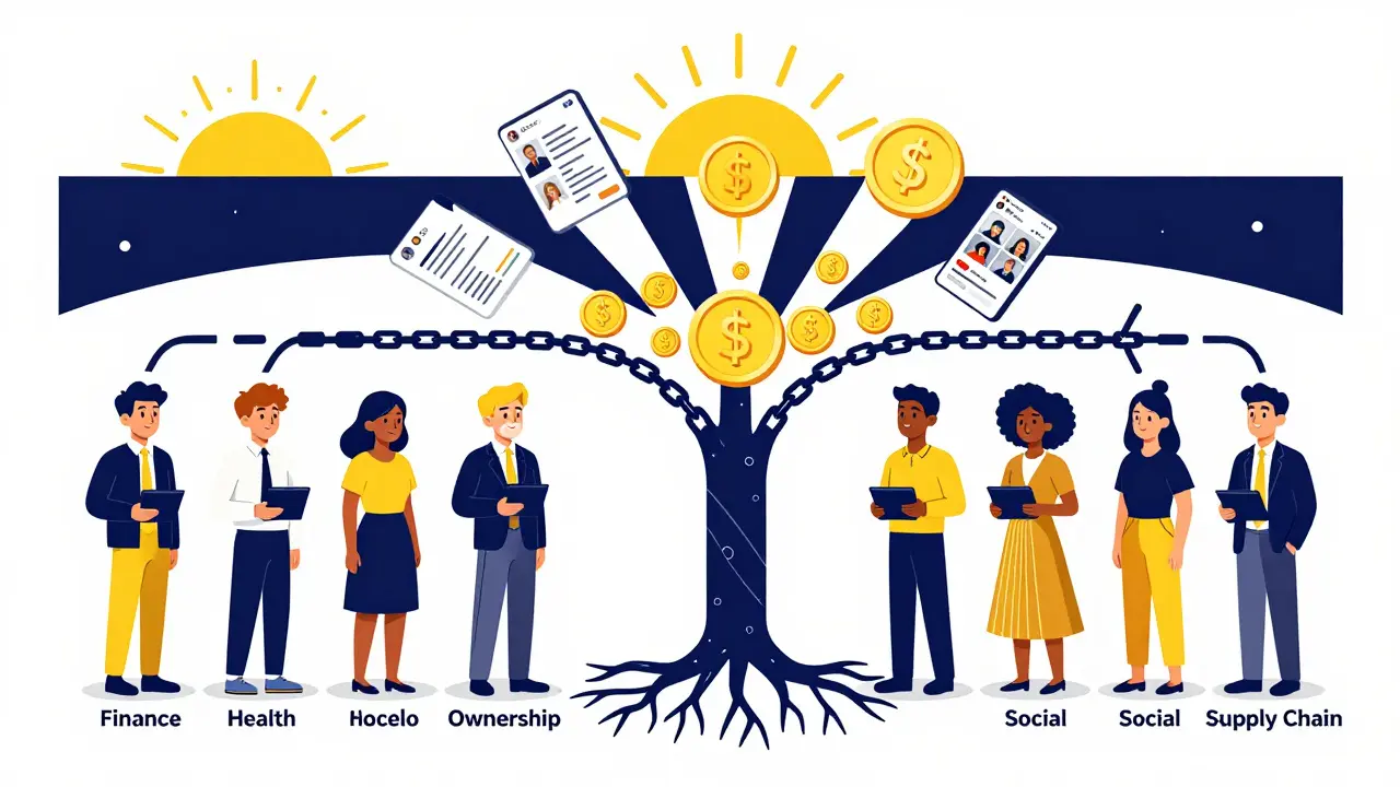 A diverse group forms a human tree rooted in ownership, with branches representing finance, health, and social dApp uses.