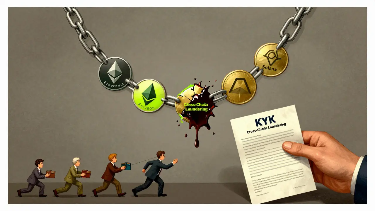 A fractured blockchain necklace oozes illicit funds as regulators pull users toward a KYC form, rendered in surreal poster style.