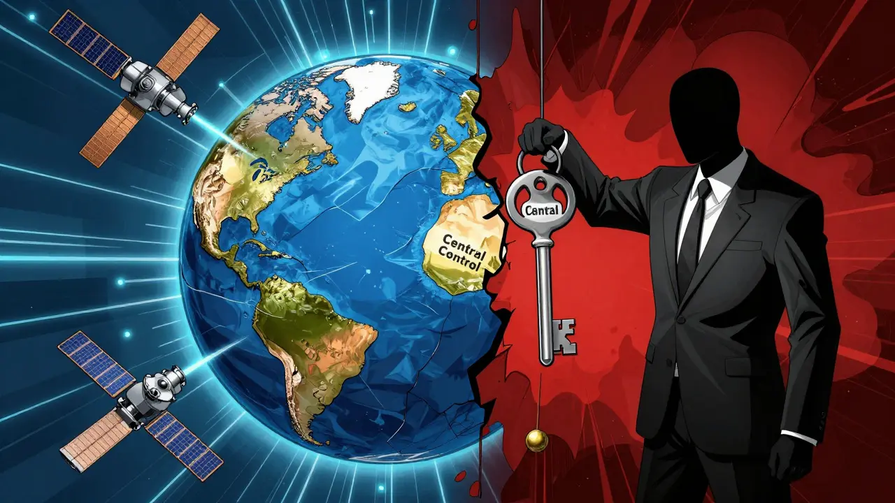A fractured globe showing decentralized satellites vs. a central control key, in bold poster style.