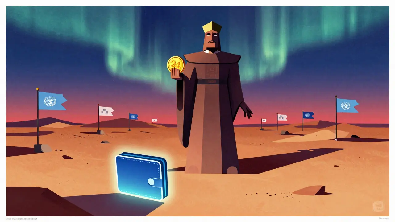 A giant cyber-deity holding a massive JSM coin in a barren digital wasteland under static skies.