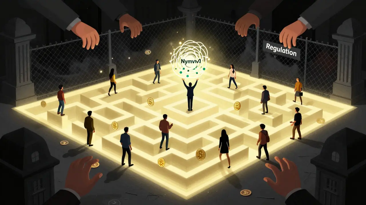 A glowing labyrinth represents a decentralized exchange, while shadowy hands from regulation try to close it off.