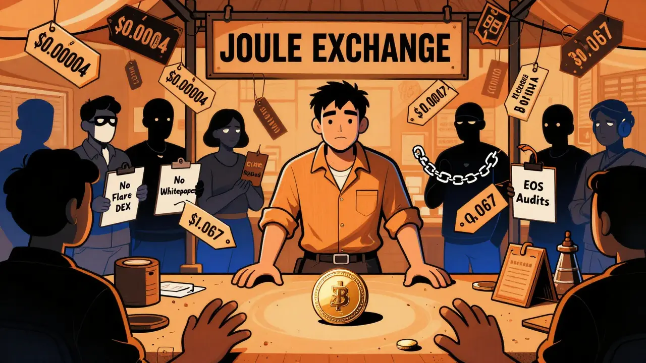 A lone trader at a chaotic JOULE market surrounded by wild price swings and anonymous figures, rendered in stylized Polish poster art.