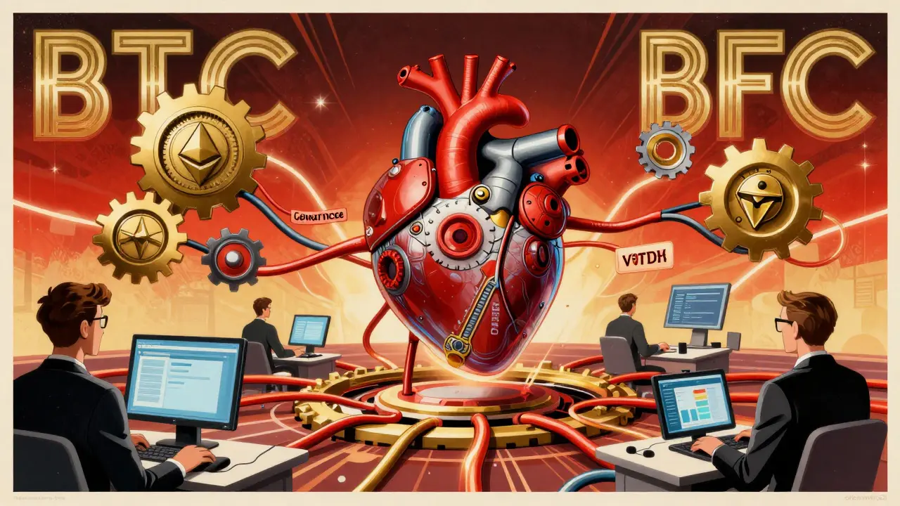 A mechanical BFC token heart pulses with vToken cables connecting Ethereum, Polkadot, Tron, and Fantom blockchains.
