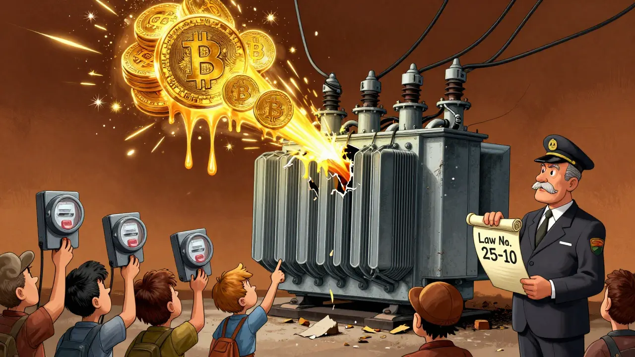 A melting Bitcoin stack drips over citizens with empty meters as a transformer explodes in the background.
