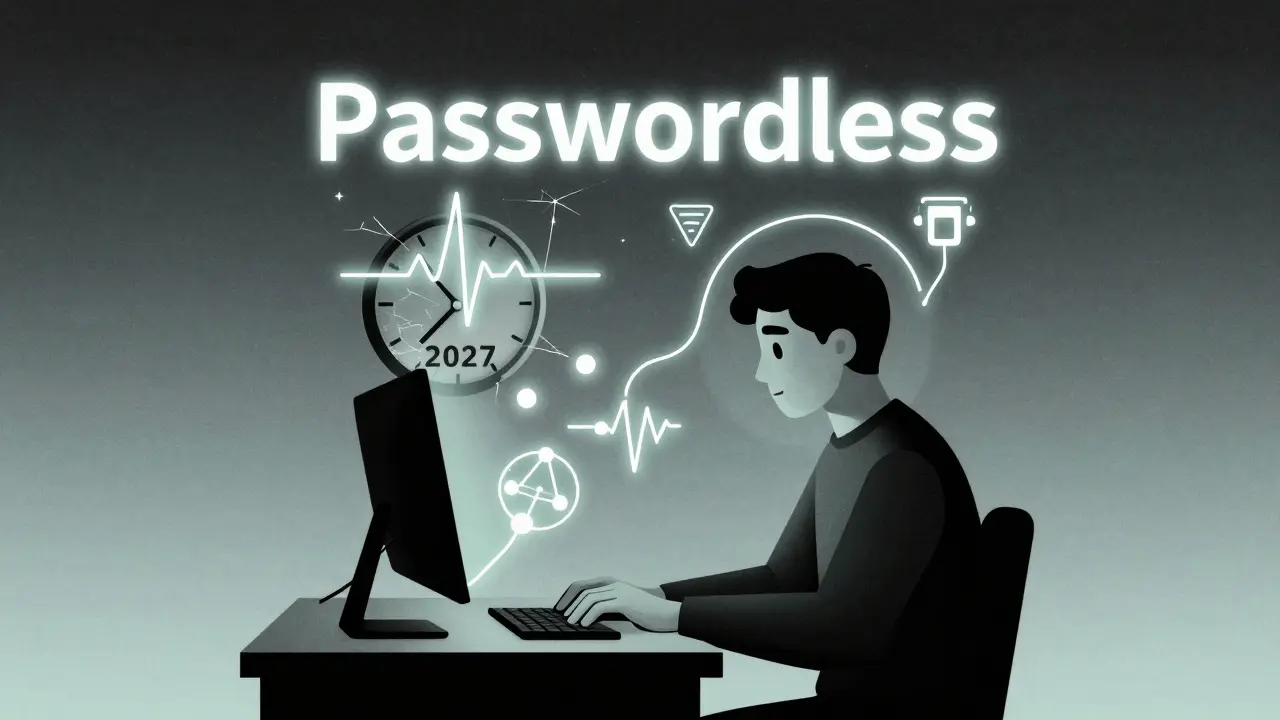 A person typing normally while abstract symbols of behavior and location form a protective halo above them, symbolizing invisible authentication.