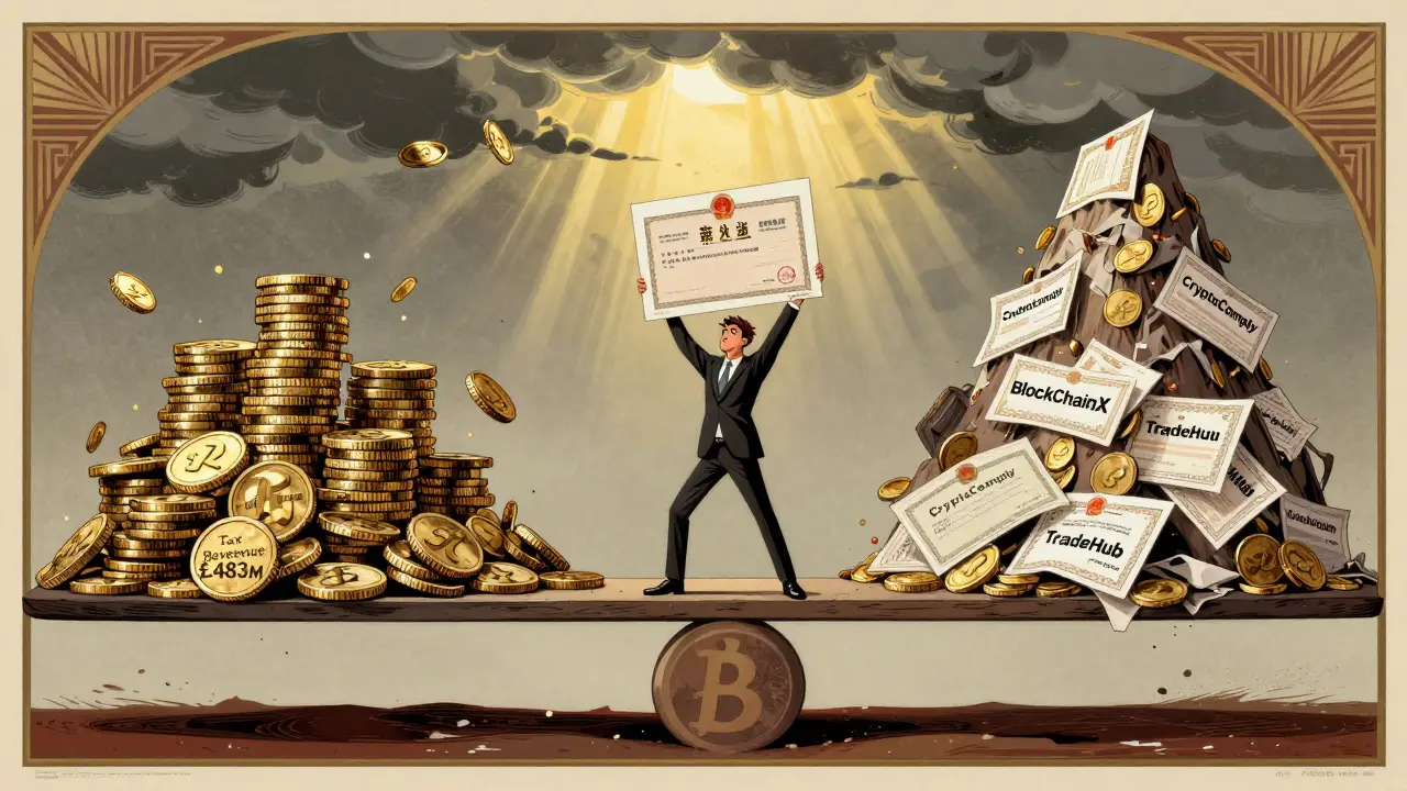 A scale balancing crypto tax revenue against discarded business licenses, one licensed firm standing tall.