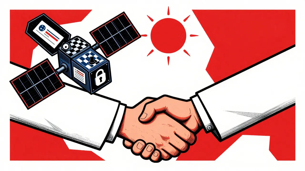 A symbolic handshake between a human and a satellite made of geometric shapes, with floating XI tokens.