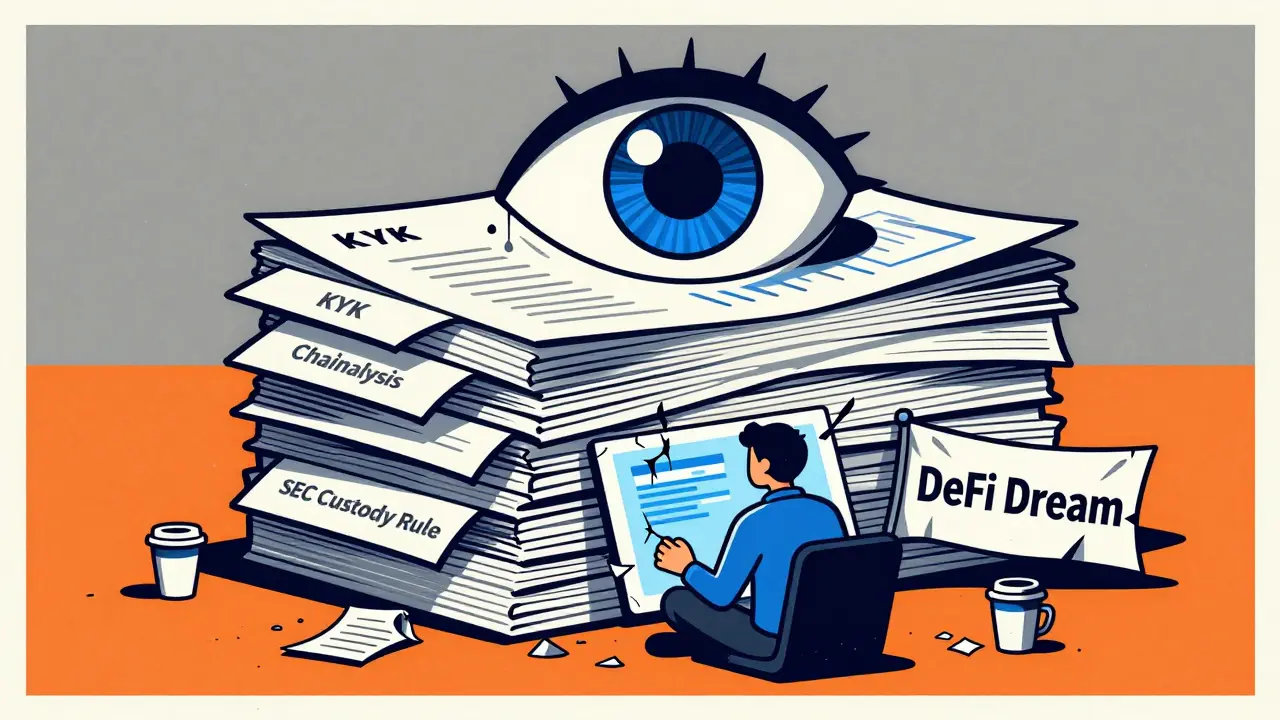 A tiny startup is crushed by compliance paperwork under the watchful eye of an AI monitor, in dramatic Polish poster style.