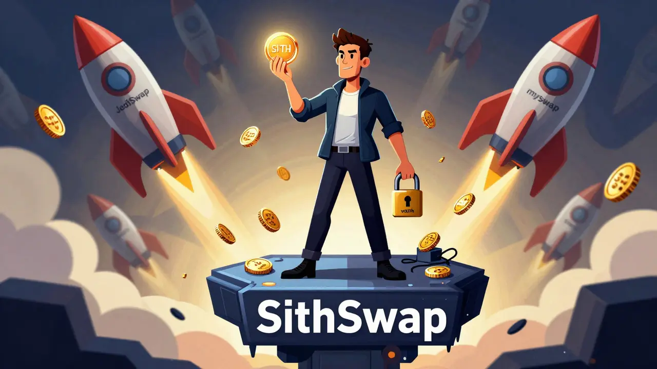 A trader atop a blockchain platform holding SITH and veSITH tokens, with cheaper gas and low slippage coins falling around them.