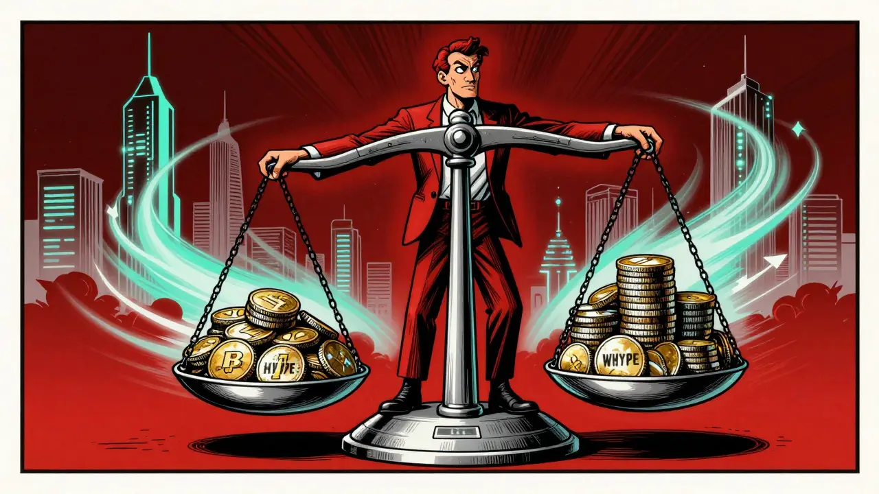 A trader balances HYPE and WHYPE tokens on a digital scale, with blockchain towers glowing behind them.