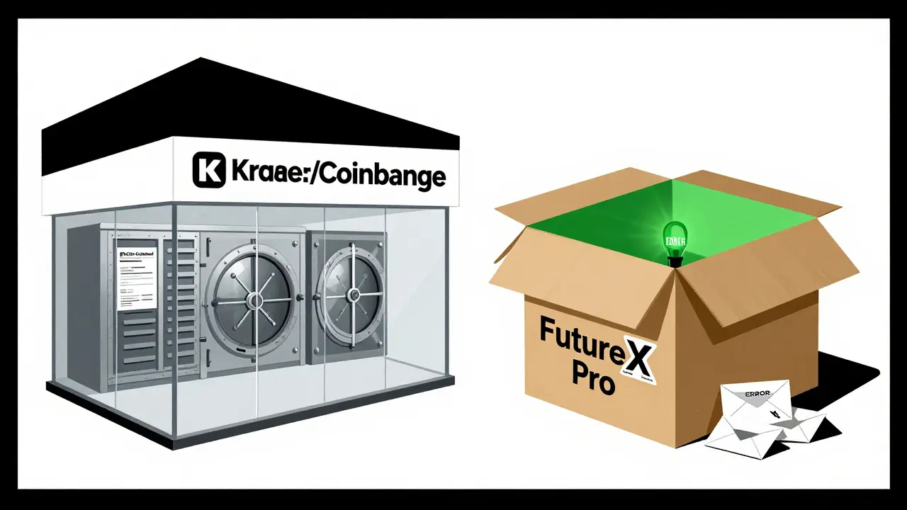 A transparent legitimate exchange contrasts with a hollow cardboard box labeled FutureX Pro, peeling fake approval sticker and one blinking error light inside.
