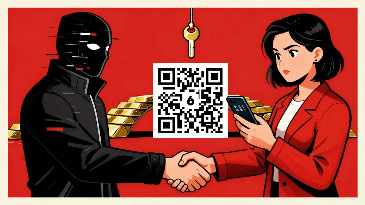 A user and hacker face off across a bridge made of gold bars, with a YubiKey in the sky.