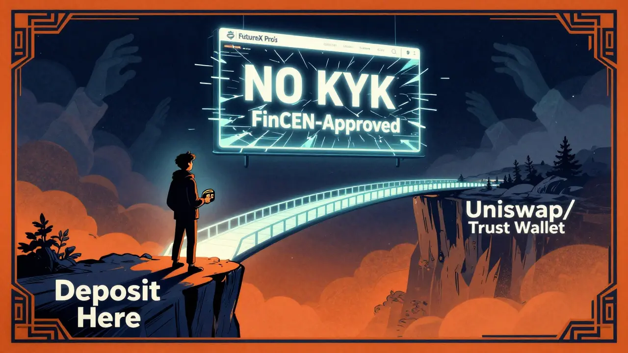 A user stands at a cliff labeled 'Deposit Here', looking toward a safe bridge while FutureX Pro glows as a glitching mirage behind them.