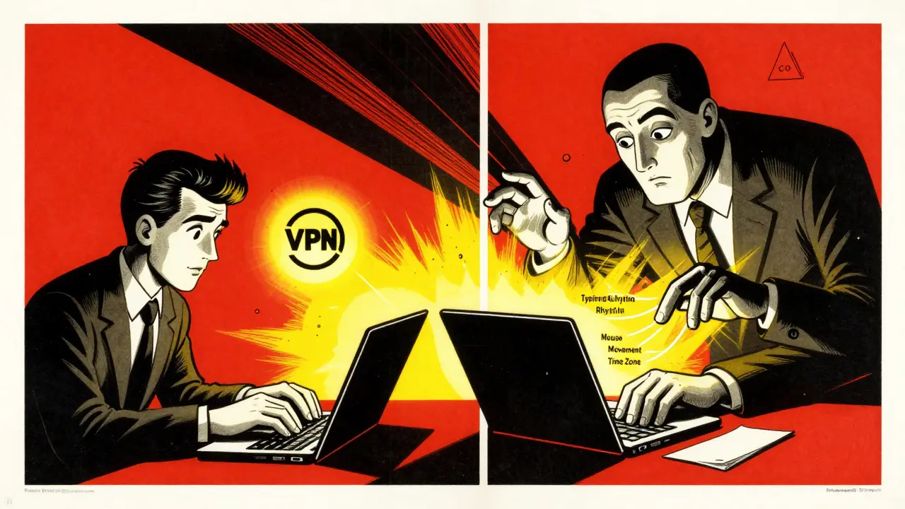 A user with a VPN icon is watched by a faceless corporate entity analyzing typing, mouse movement, and time zone data.