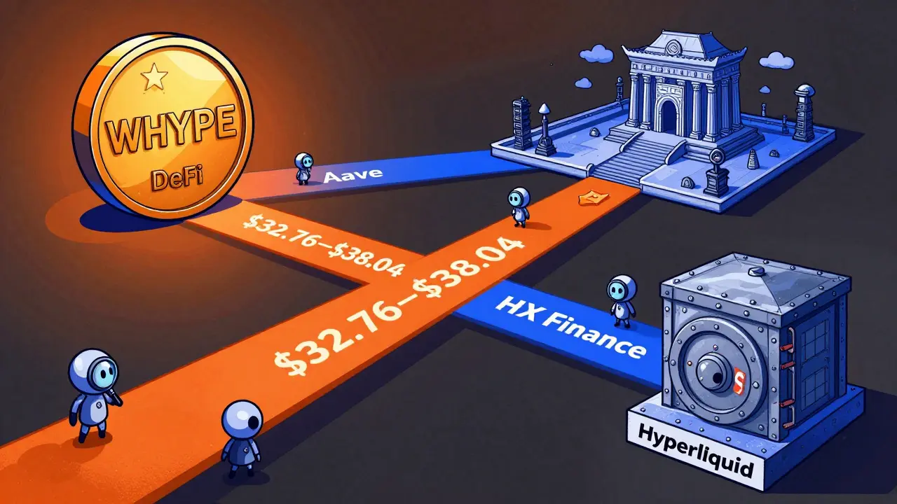 A WHYPE token splits into pathways leading to DeFi platforms like Aave and HX Finance, surrounded by price tags.