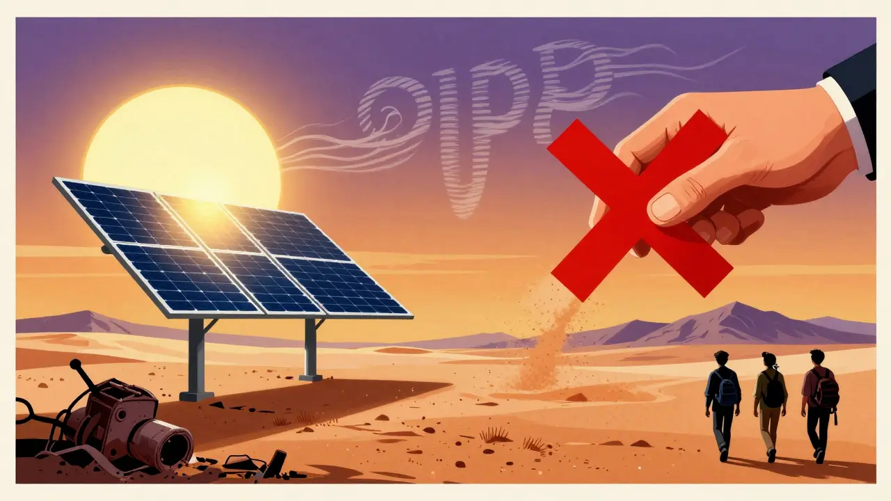 Abandoned mining rigs lie in the desert under a giant red X over solar panels, with developers walking away.