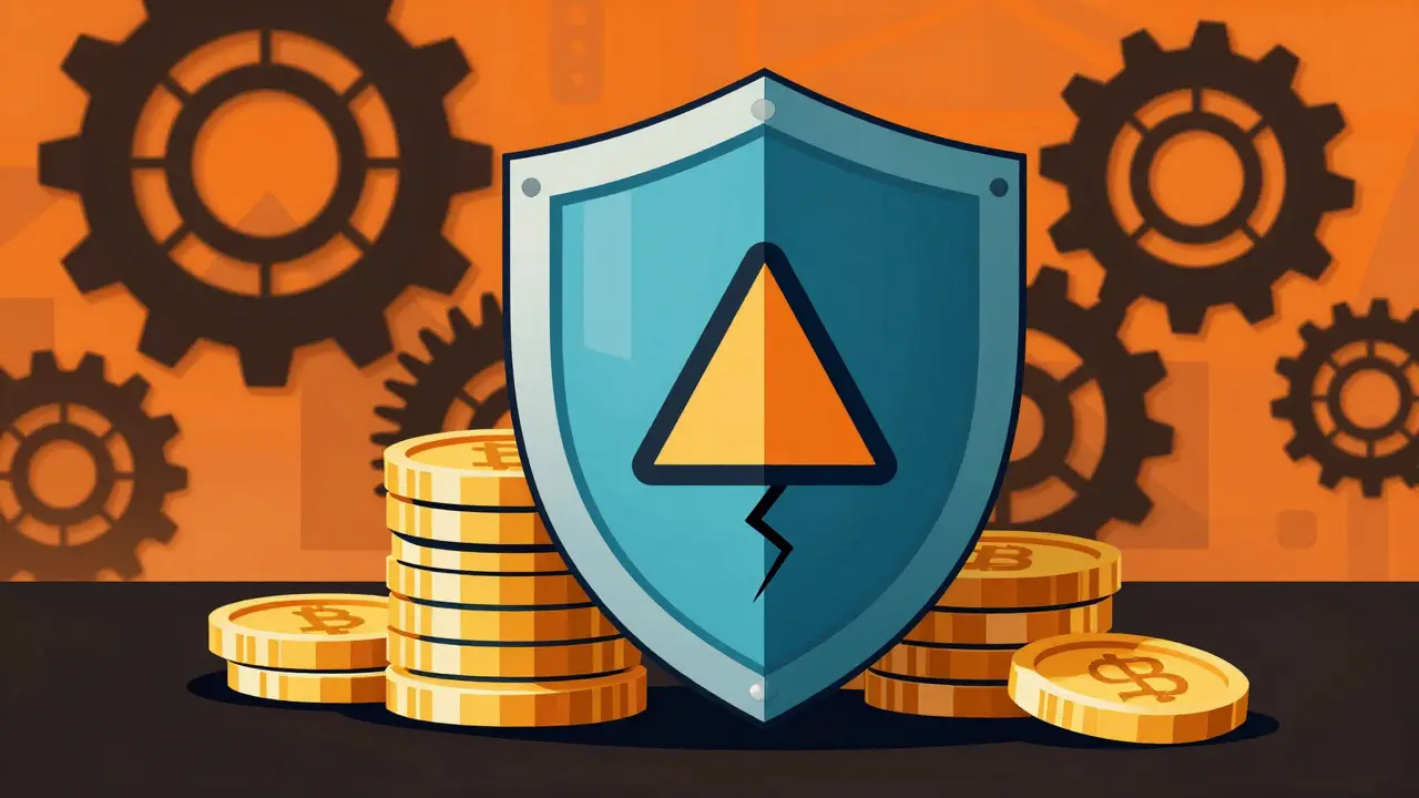 Abstract shield protecting coins with mining gears in background.