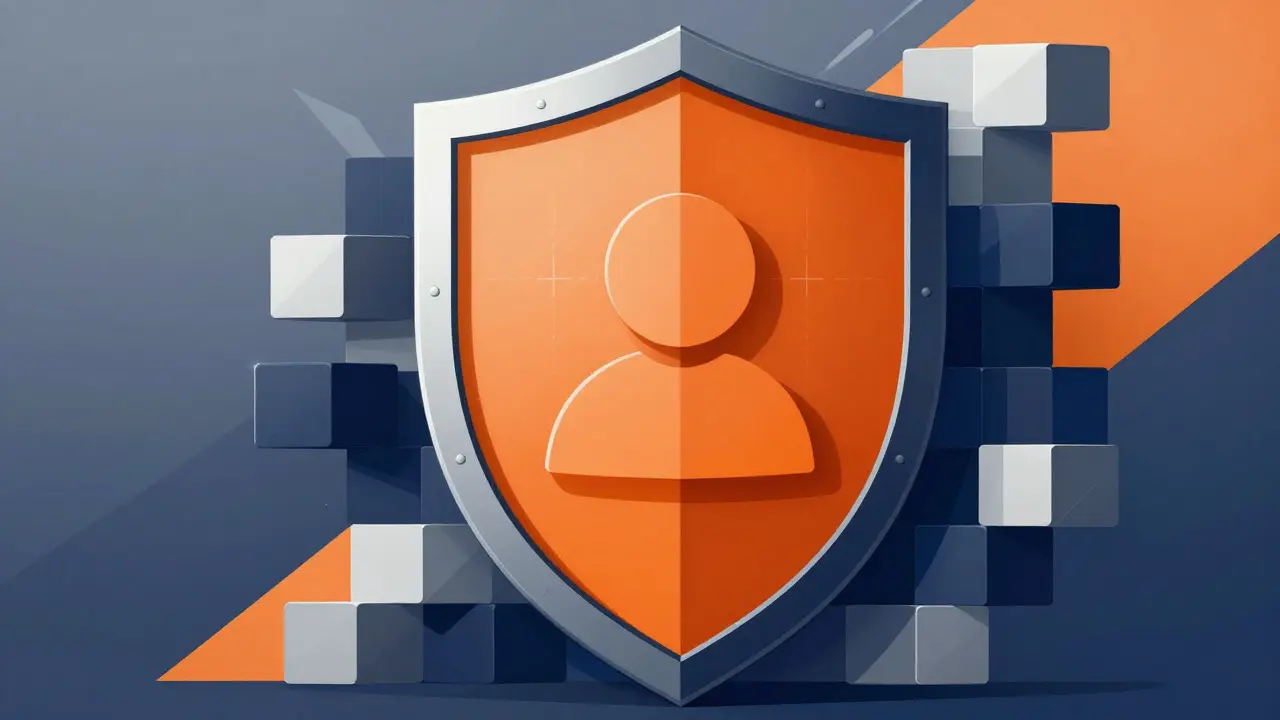 Abstract shield protecting data blocks symbolizing secure cryptocurrency architecture safety.