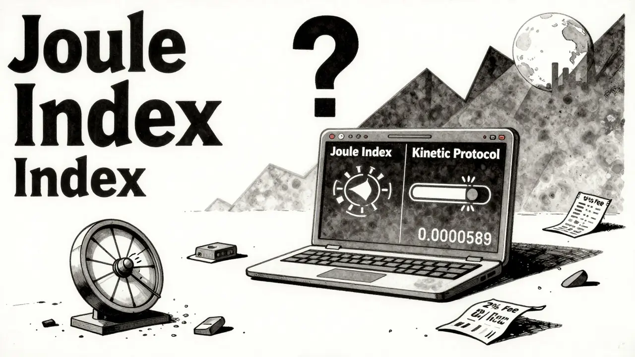 An abandoned crypto interface floating in darkness, with fading project labels and a giant question mark looming overhead, in Polish poster aesthetic.