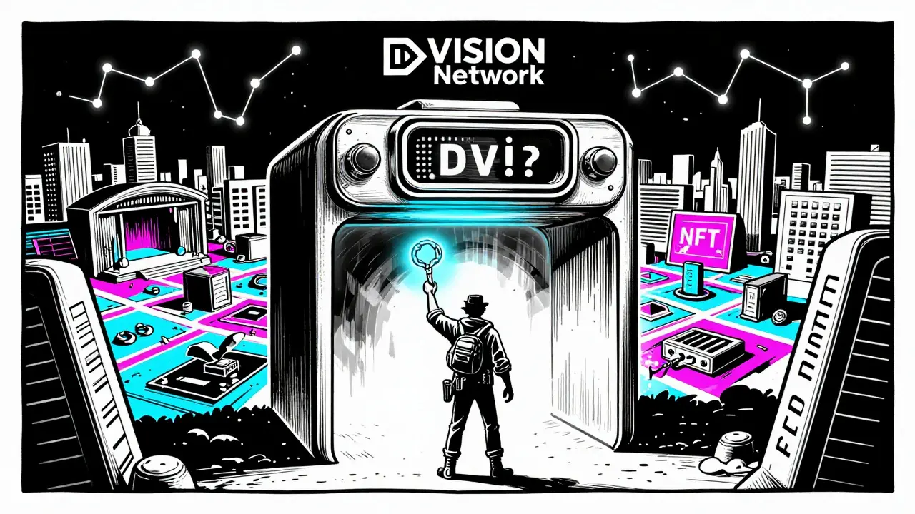 An explorer entering a DVI-shaped VR portal, with a vast virtual city unfolding behind them in bold poster style.