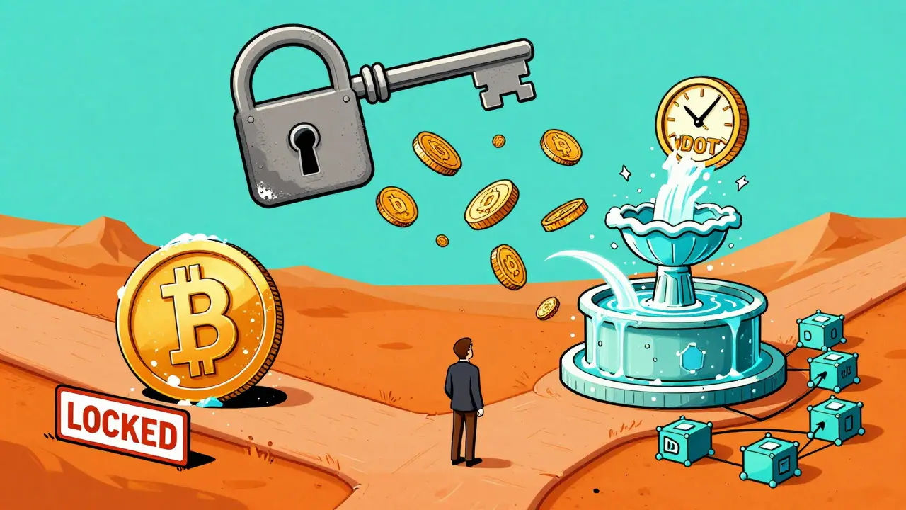 An investor chooses between a locked coin and a flowing vToken path leading to stacking yield pools and a giant BFC key.