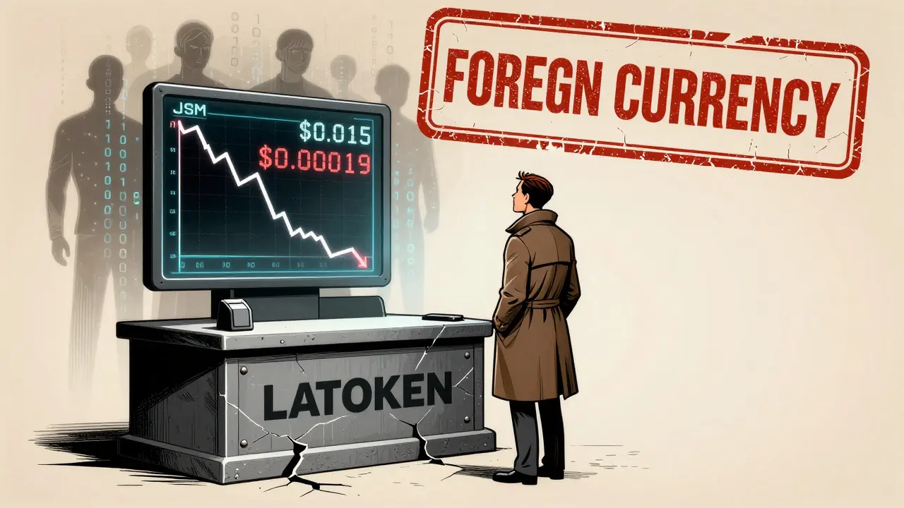 An investor facing a crashing JSM price chart, surrounded by dissolving cyber-citizens.