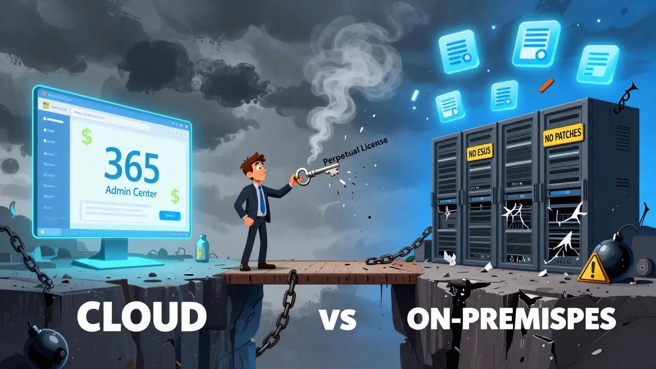 An IT admin on a bridge between on-premises and cloud, watching their perpetual license dissolve, as a glowing Microsoft portal shines across the chasm.