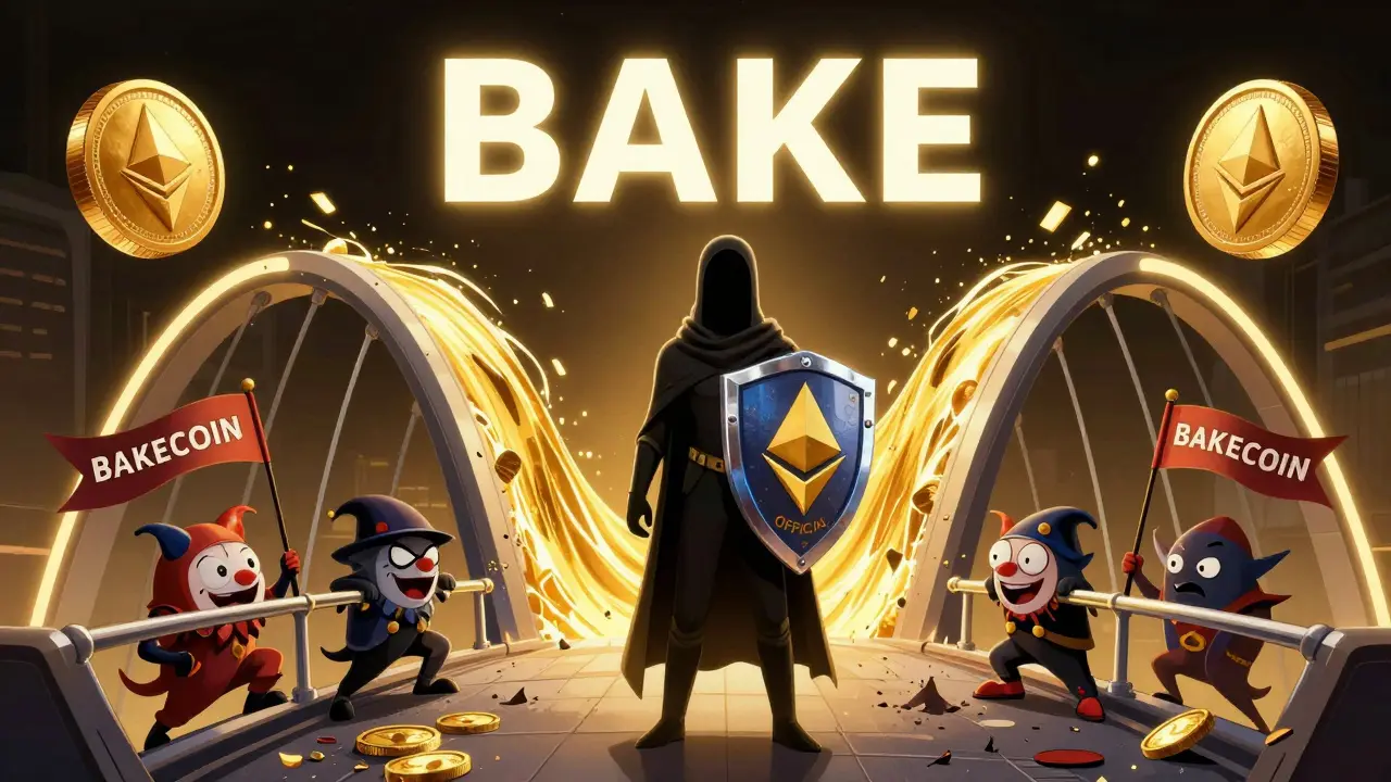 BAKE tokens flow across a cross-chain bridge guarded by an official shield, scam goblins crumbling.