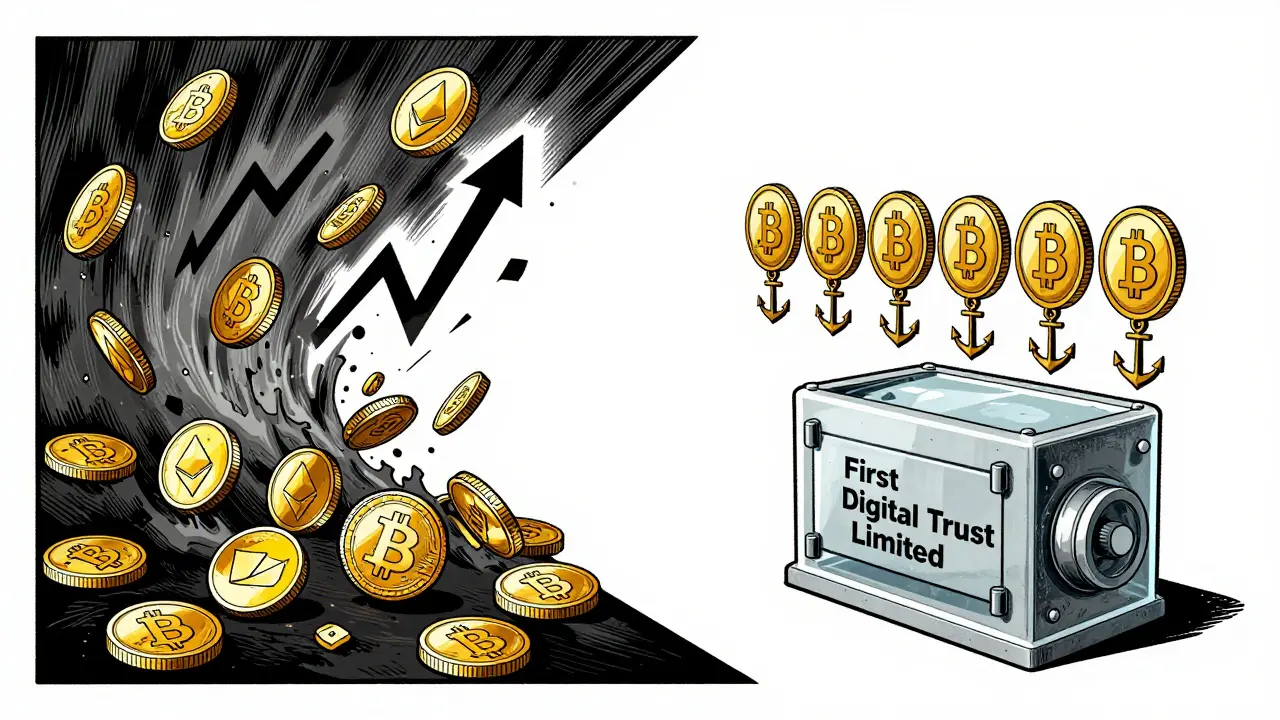 Chaotic crypto coins on one side, orderly FDUSD tokens anchored on the other, in bold poster style.