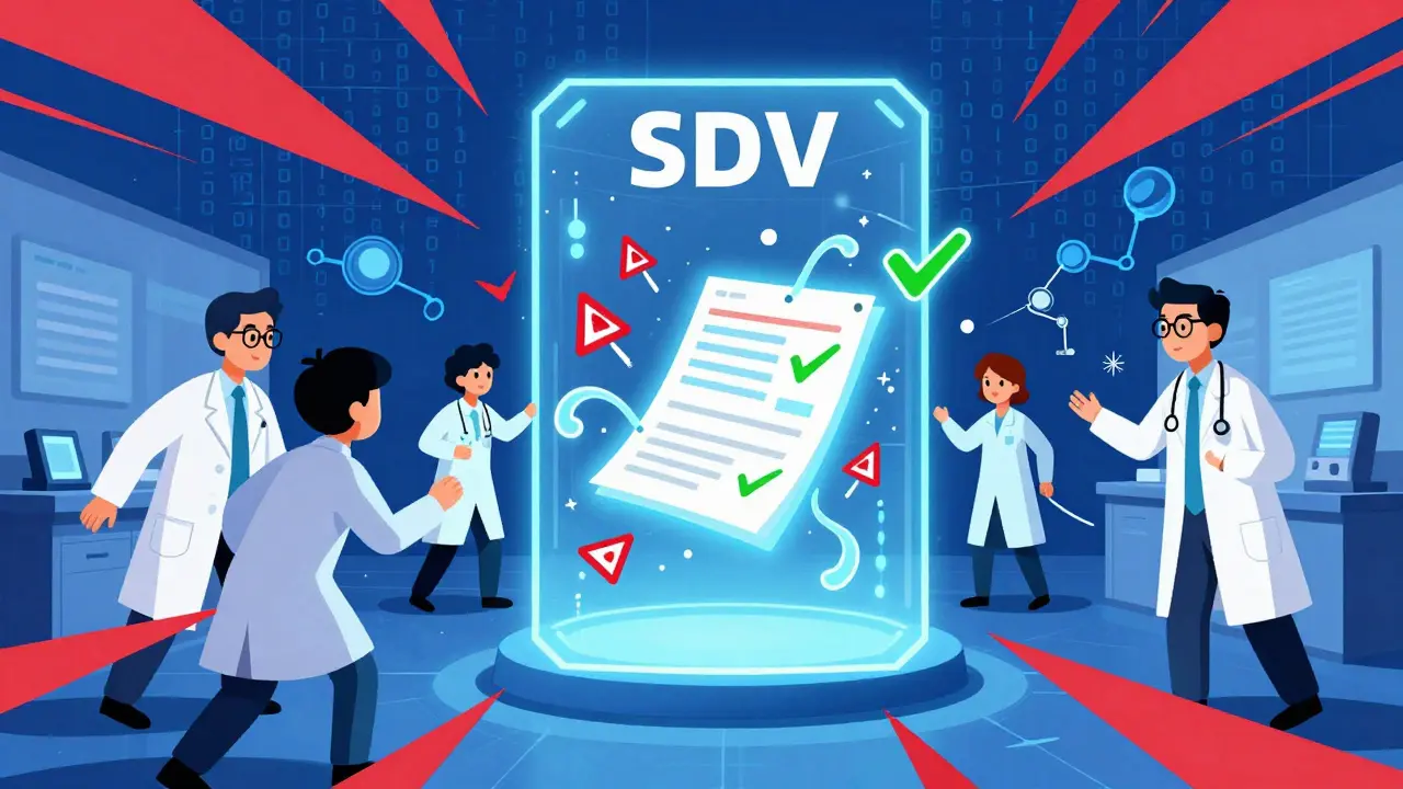 Clinical trial data transforms through an AI-powered verification portal with blockchain elements.