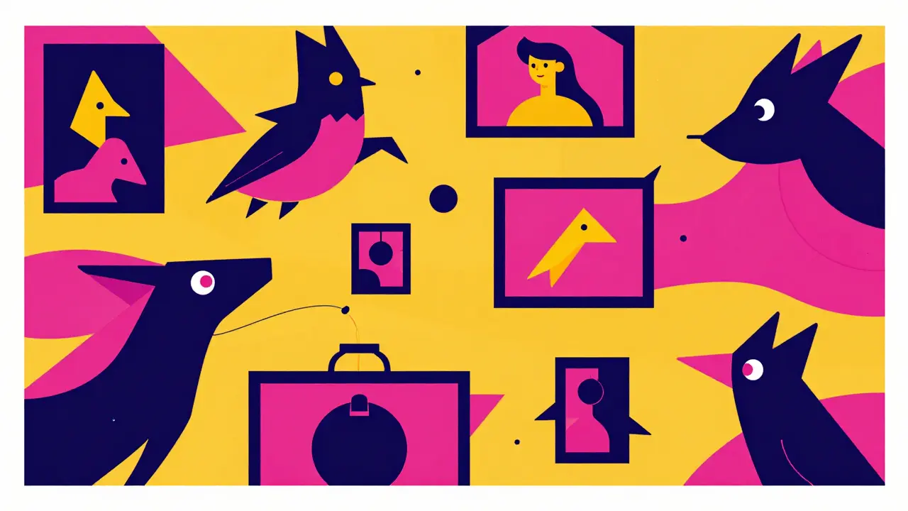 Colorful illustration of NFT art and gaming marketplace