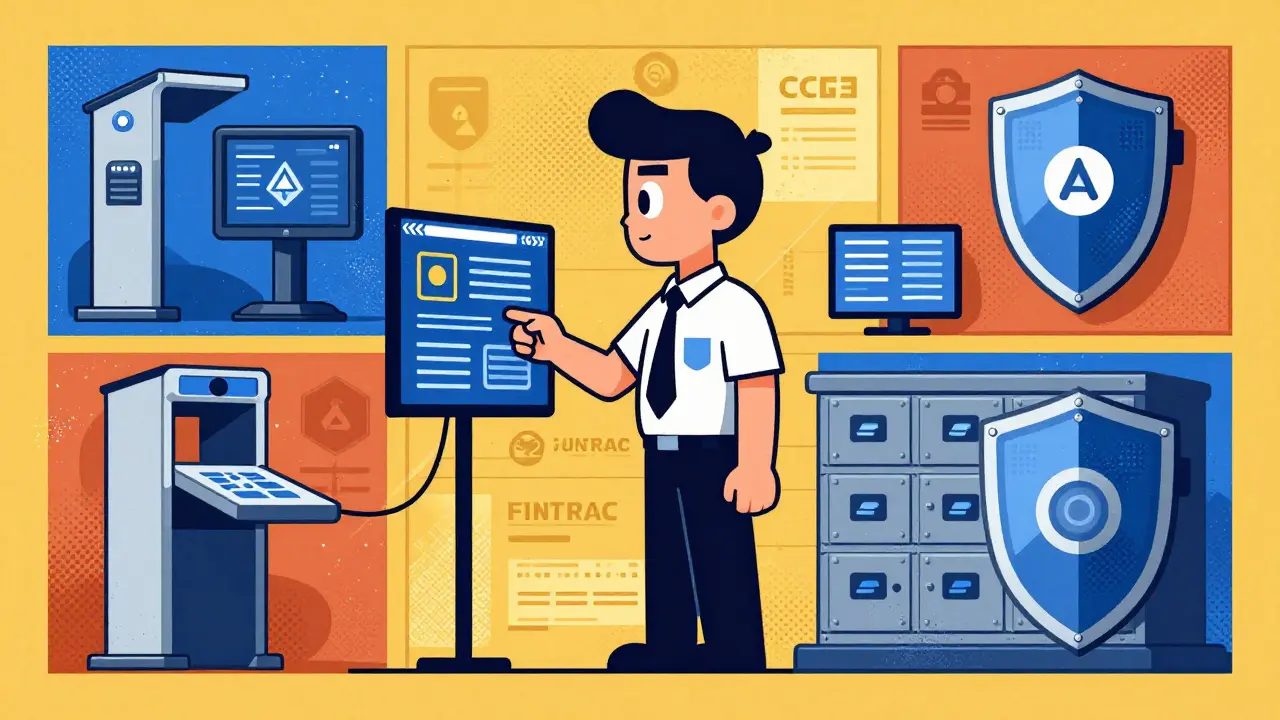 Compliance officer guards security systems with monitors and shields