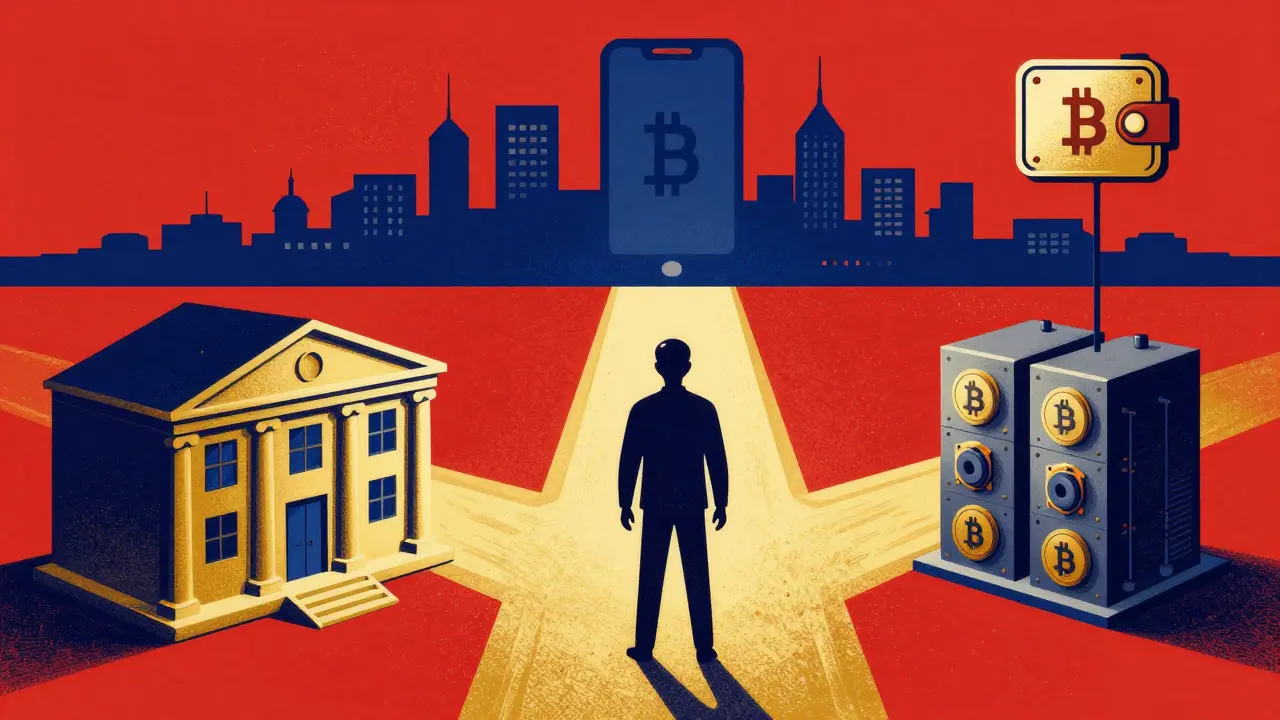 Figure at crossroads between mining rig and exchange building.