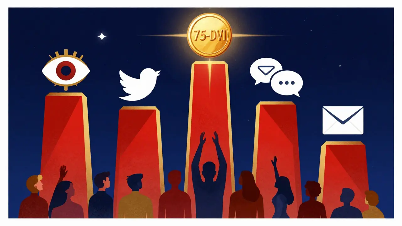 Five ascending steps leading to a glowing 75-DVI token, symbolizing the airdrop process in stylized poster art.