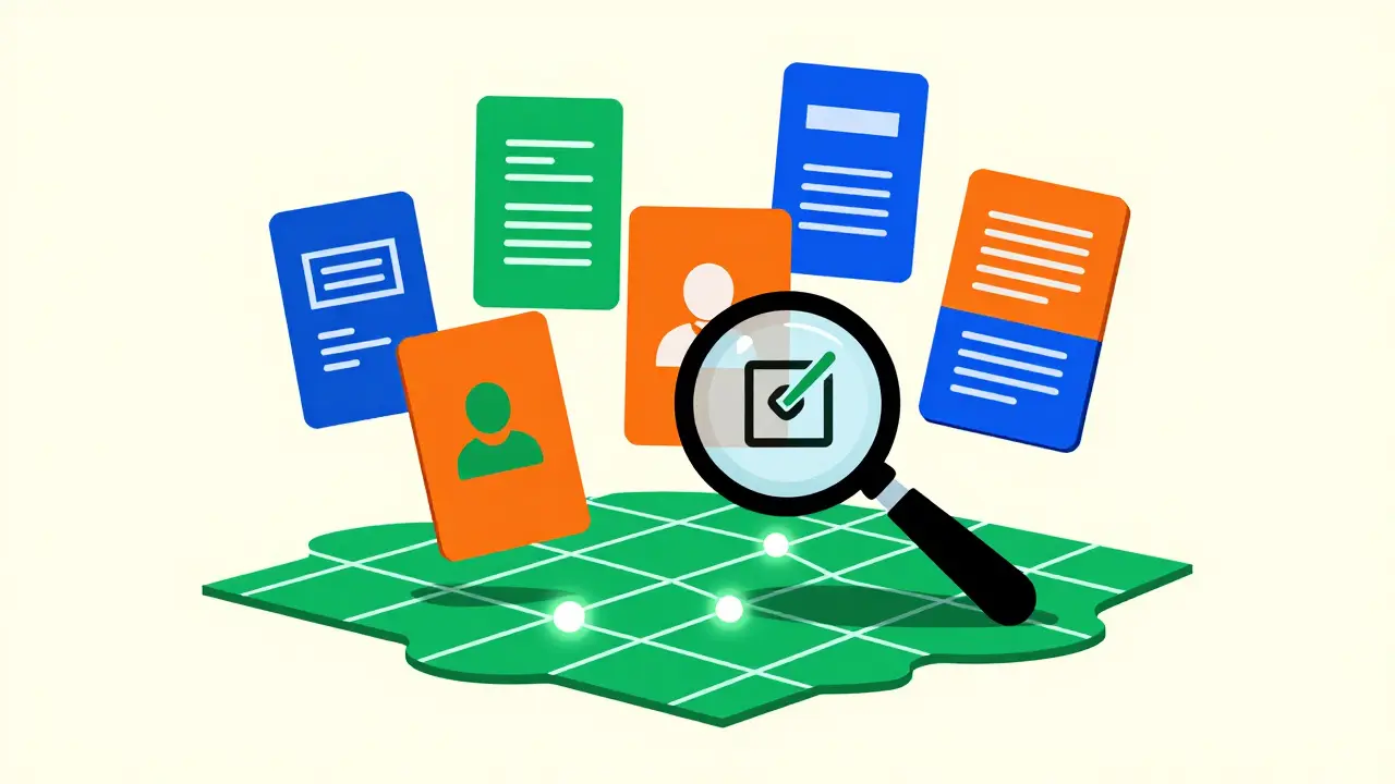 Floating digital asset cards over a connected network grid map.