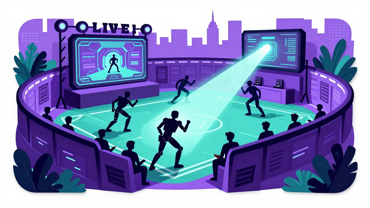 Futuristic arena blending AI robots and human gamers on a stage.