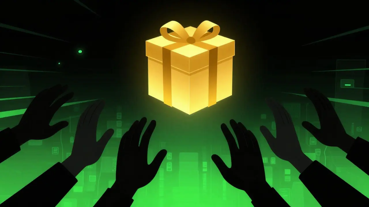 Gift box over void with reaching shadow hands