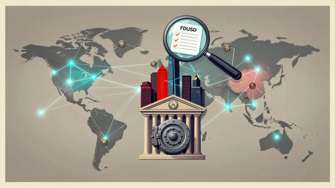Global network of FDUSD coins connected by light threads, centered on a Hong Kong vault with audit report.