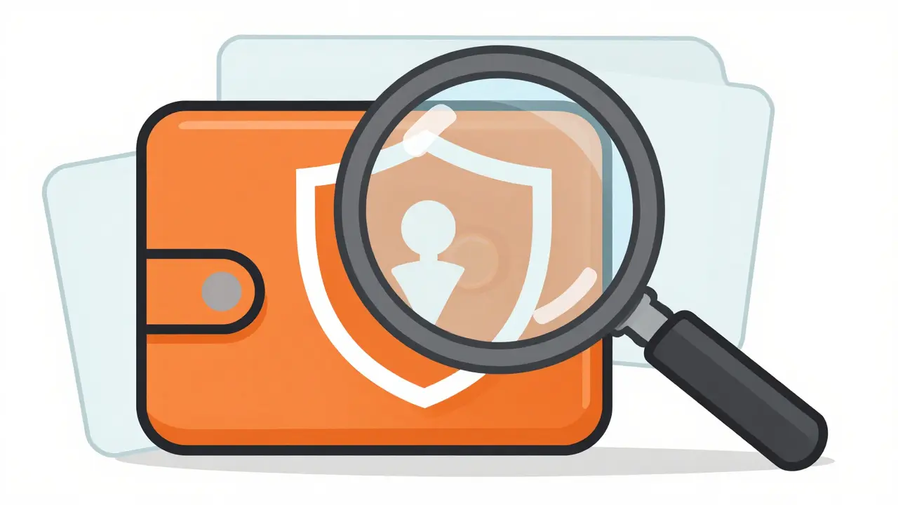 Shielded wallet inspected by magnifying glass