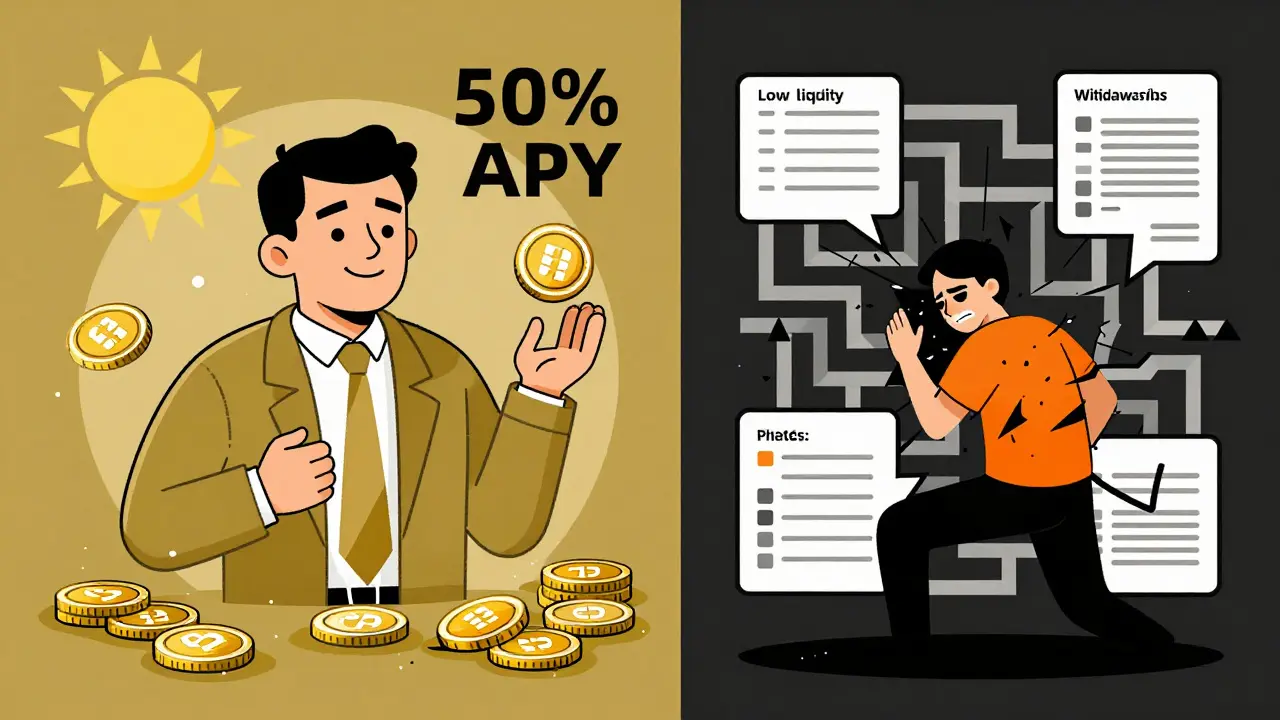 Split scene: one side shows OCE staking rewards, the other shows low liquidity and delayed withdrawals.