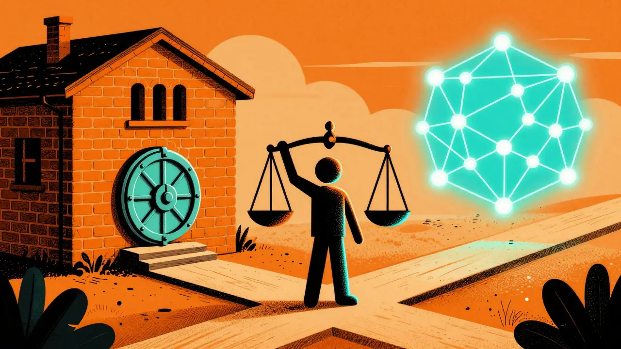 Stylized figure choosing between regulated bank and digital network